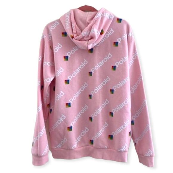POLAROID ALLOVER LOGO PRINT HOODED SWEATSHIRT HOODIE PINK LARGE - Picture 4 of 8